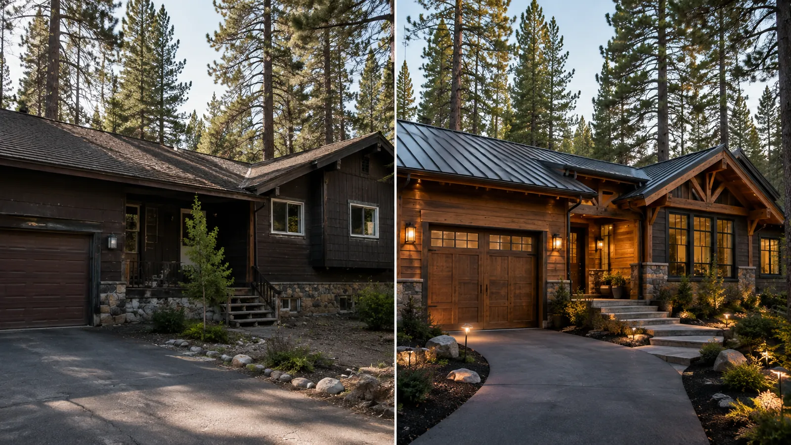 Dated mountain home exterior next to the same house after a full remodel with new siding and larger windows