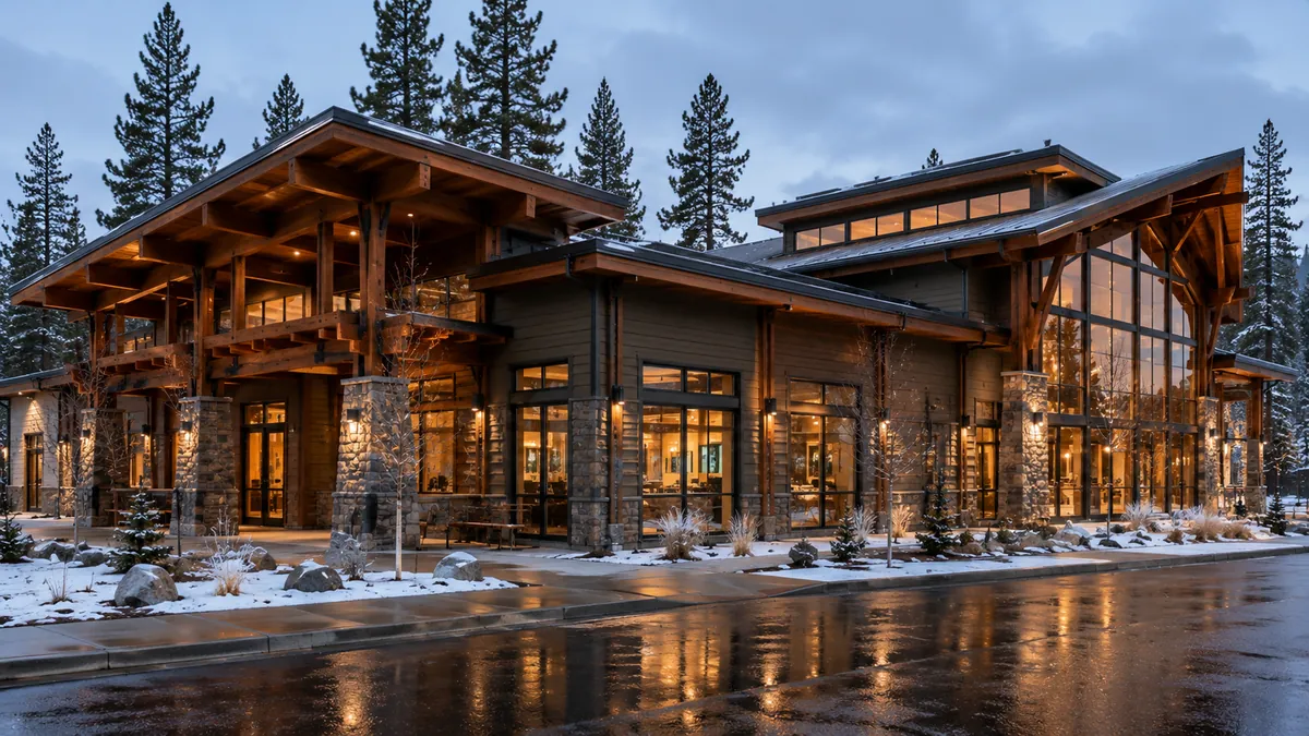 Tasteful small commercial building in a mountain town at dusk