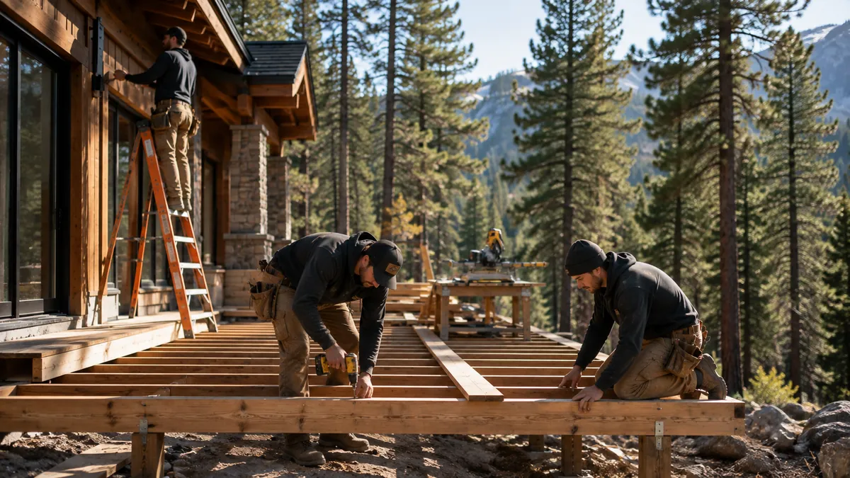 Stonepine crew framing a deck on a mountain home, one worker on a ladder