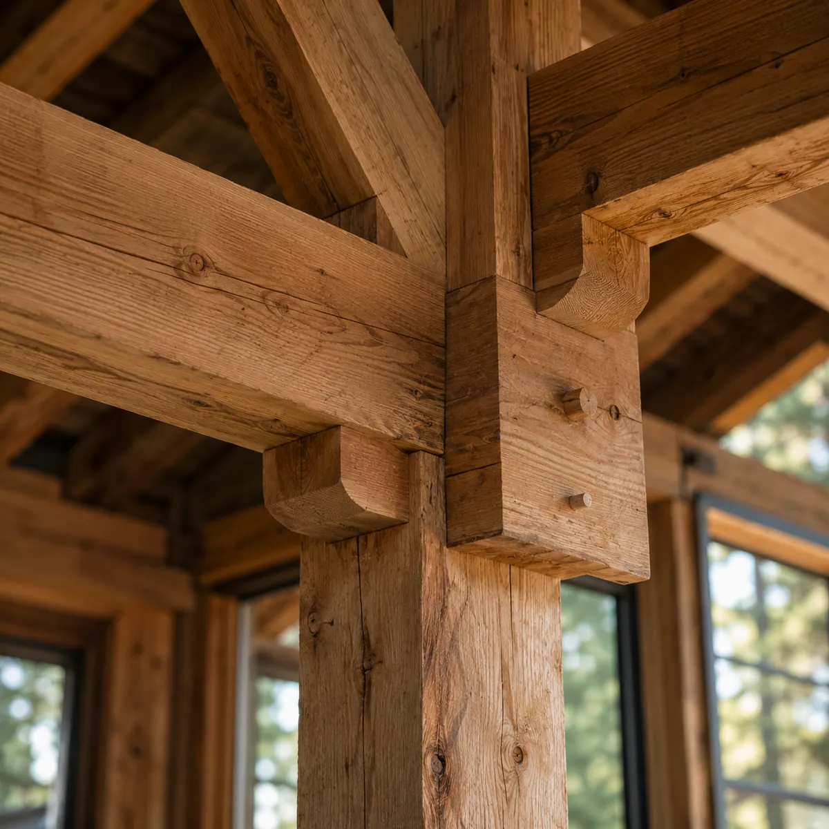 Close detail of heavy timber joinery meeting a stone column