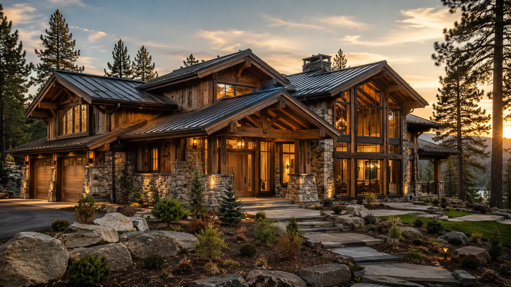 Finished custom mountain home with heavy timber and stone at golden hour