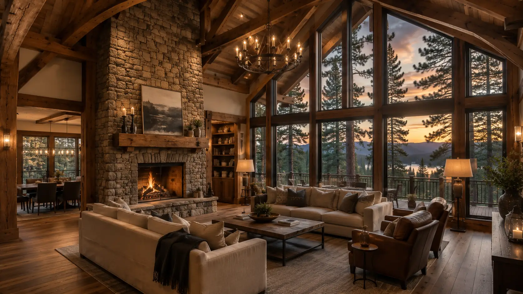 Finished great room with timber trusses and a stone fireplace