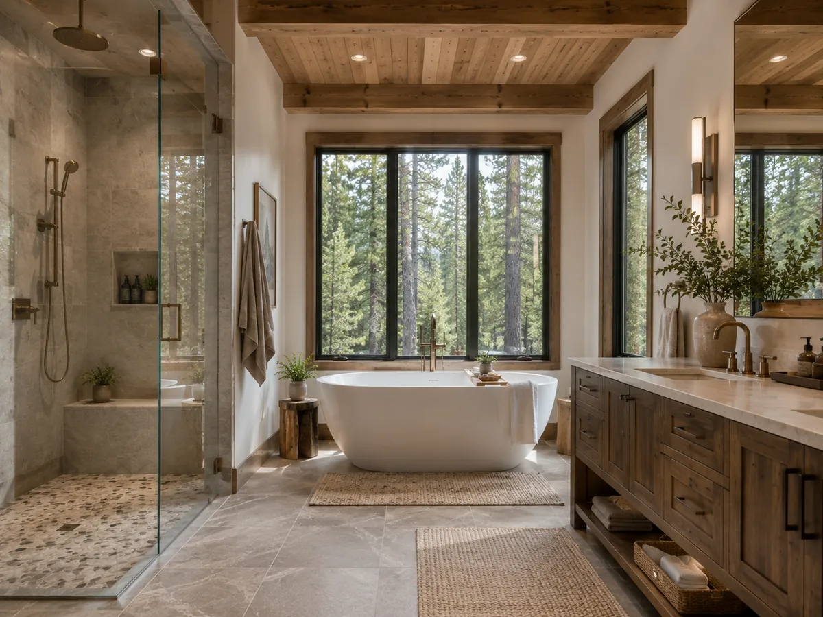 Finished spa-like primary bathroom with a freestanding tub and stone tile