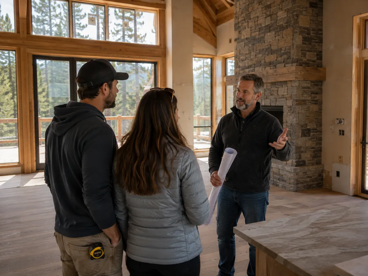 Builder walking homeowners through their house mid-construction, pointing up at an exposed beam