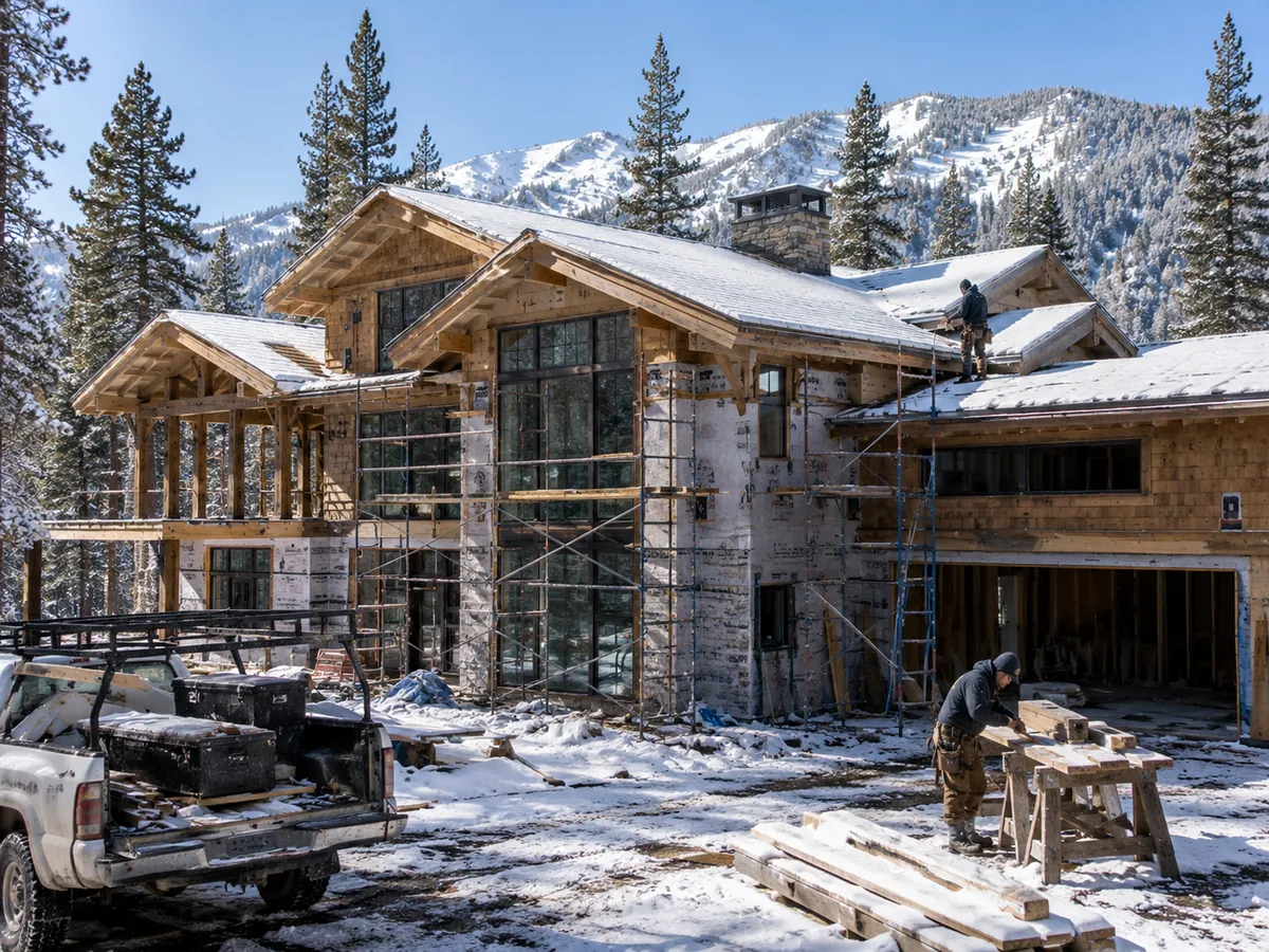 Framed mountain home under construction in winter, crew working through the snow